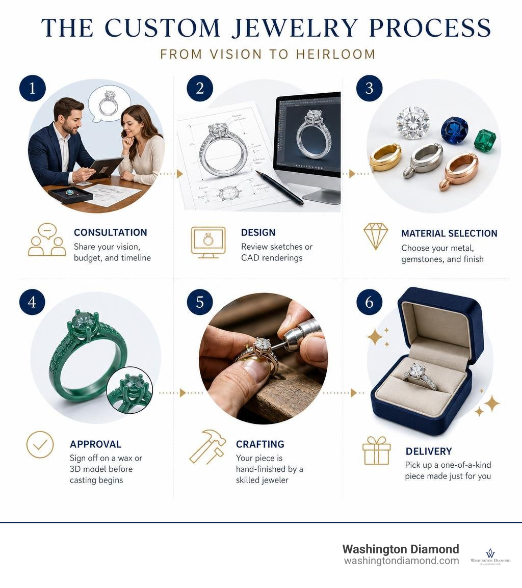 Custom jewelry McLean VA process infographic: consultation, design, materials, approval, crafting, delivery infographic