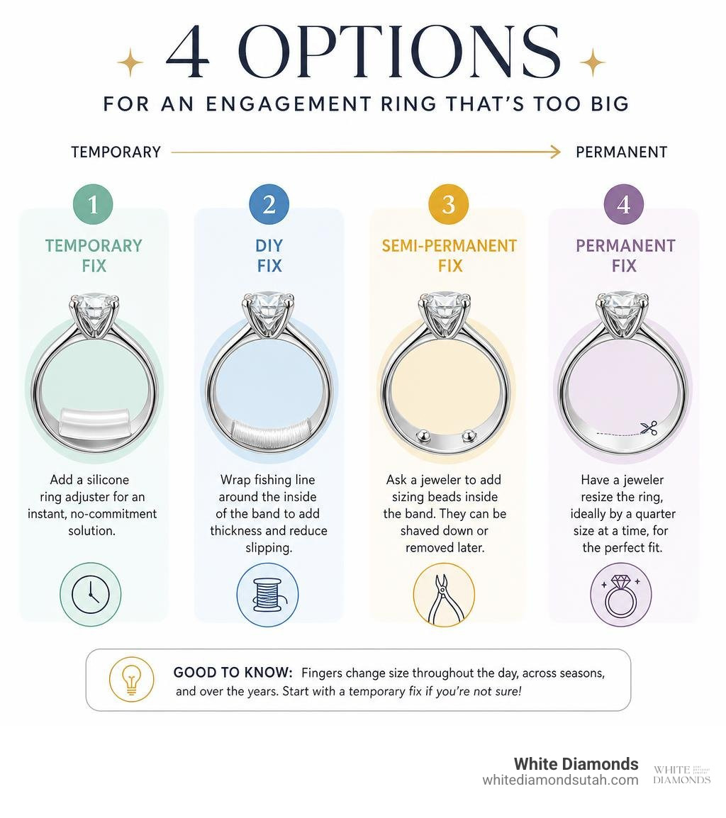 Infographic showing 4 options for an engagement ring that is too big, from temporary to permanent fixes infographic Infographic showing 4 options for an engagement ring that is too big, from temporary to permanent fixes infographic