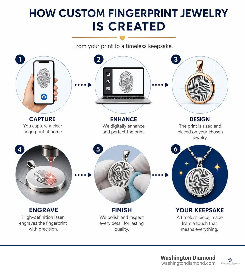 Step-by-step infographic showing how custom fingerprint jewelry is created from print capture to finished piece infographic Step-by-step infographic showing how custom fingerprint jewelry is created from print capture to finished piece infographic