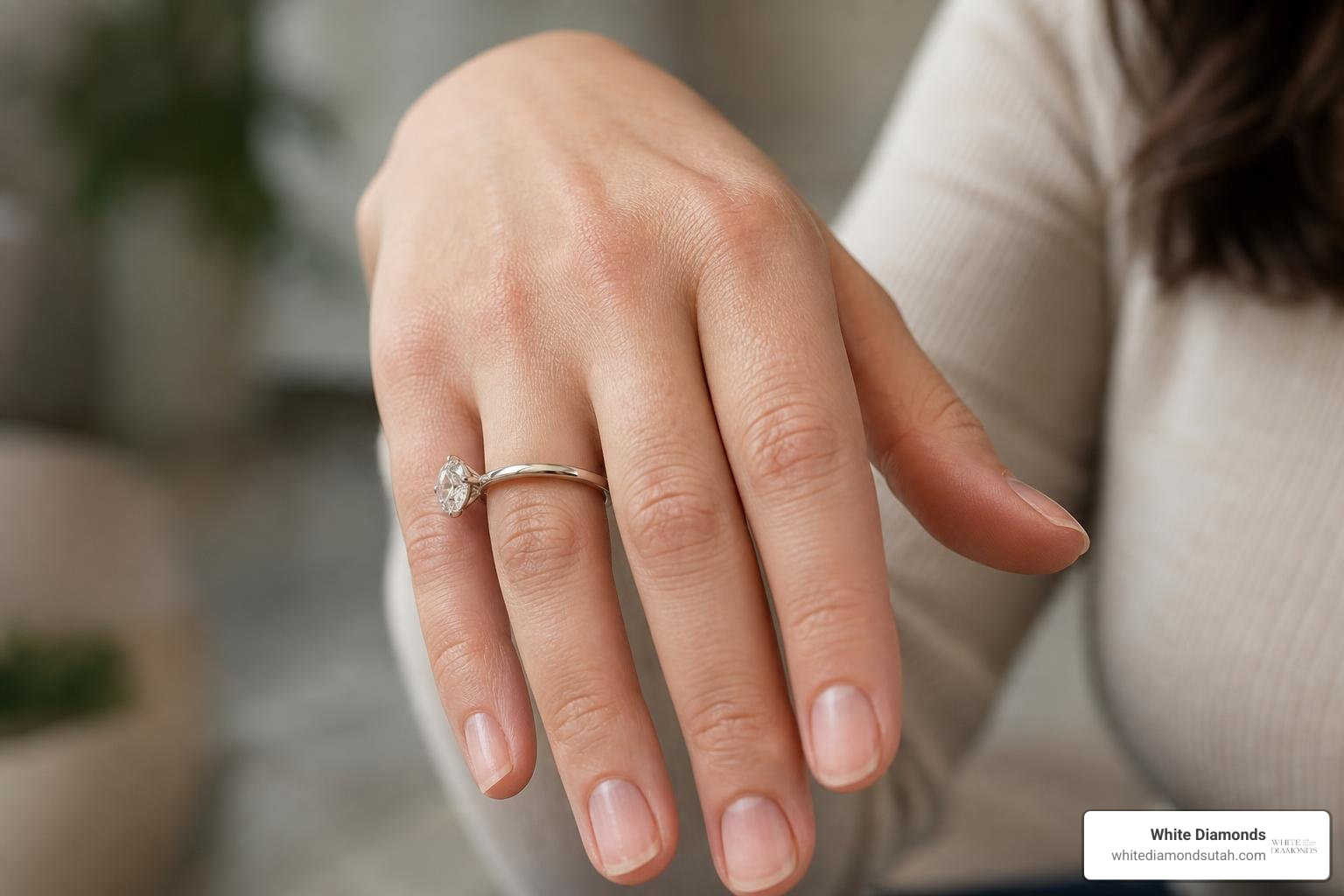 hand wearing a loose engagement ring that is sliding down the finger hand wearing a loose engagement ring that is sliding down the finger