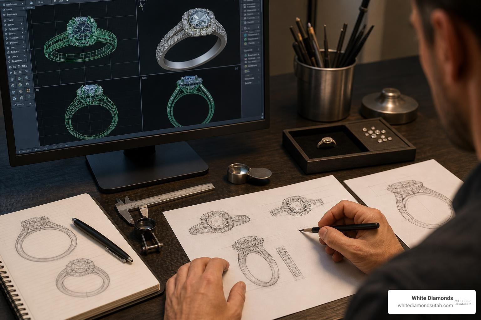 Custom ring design process showing 3D CAD modeling and hand sketches Custom ring design process showing 3D CAD modeling and hand sketches