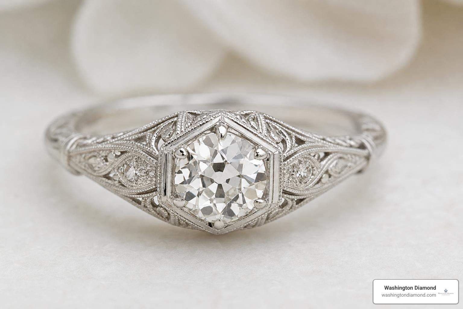 Art Deco platinum engagement ring with intricate filigree