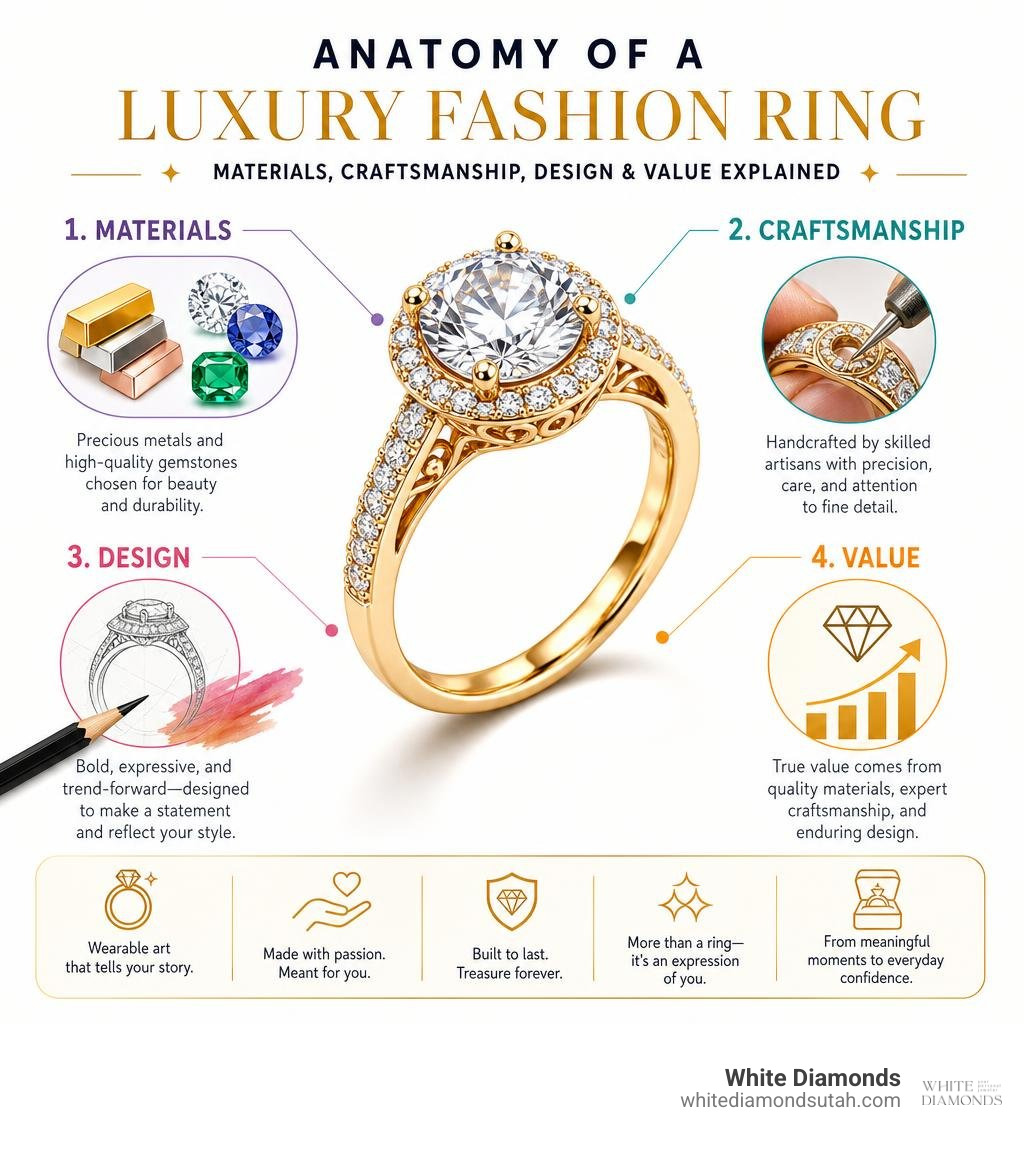 Anatomy of a luxury fashion ring — materials, craftsmanship, design, and value explained infographic Anatomy of a luxury fashion ring — materials, craftsmanship, design, and value explained infographic