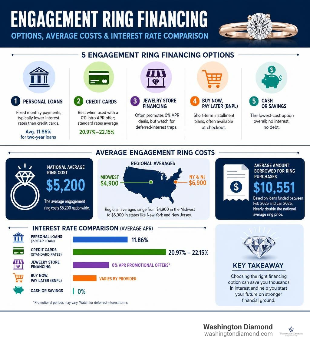 Breakdown of engagement ring financing options, average costs, and interest rate comparison infographic