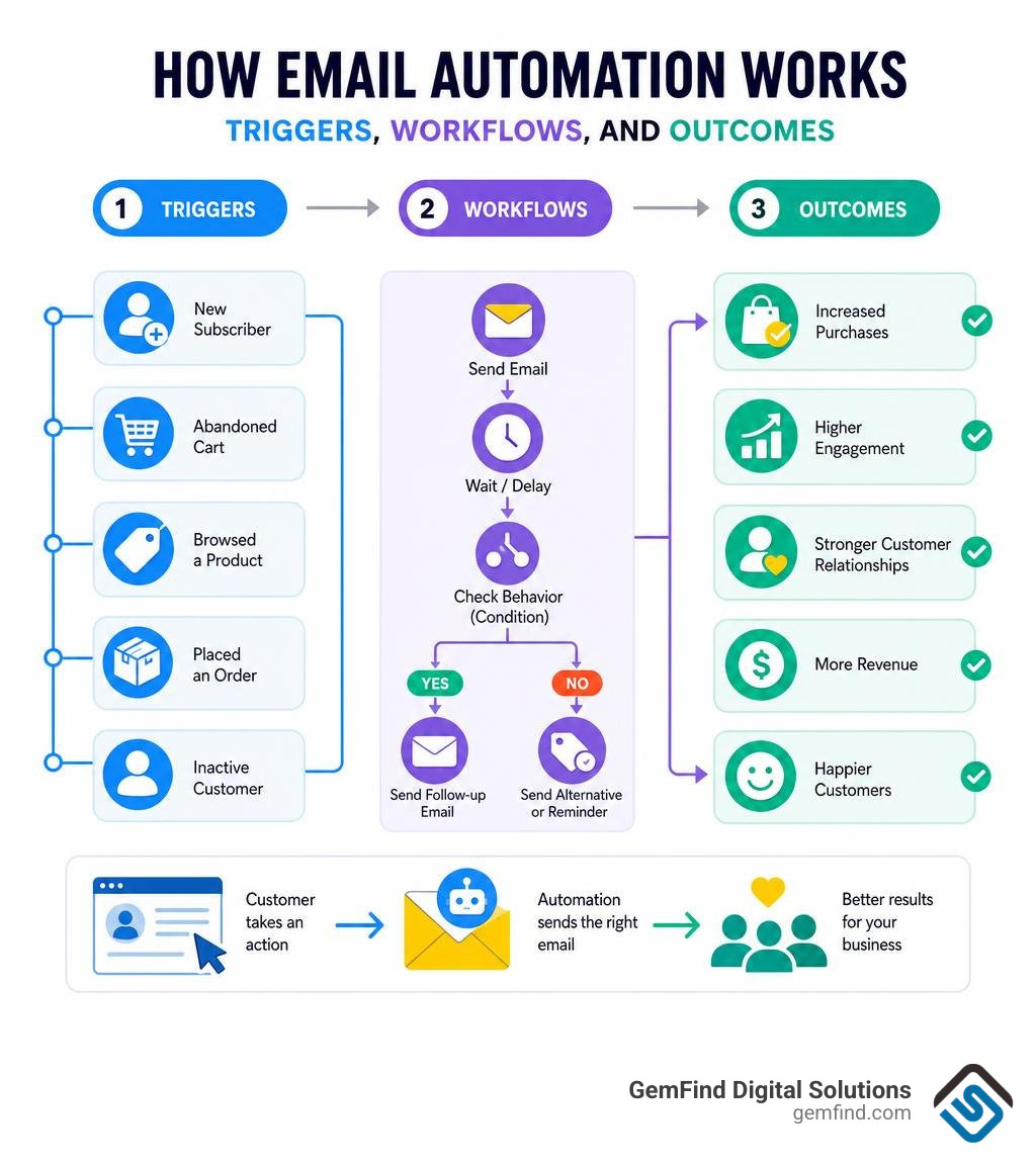 How email automation works: triggers, workflows, and outcomes infographic infographic