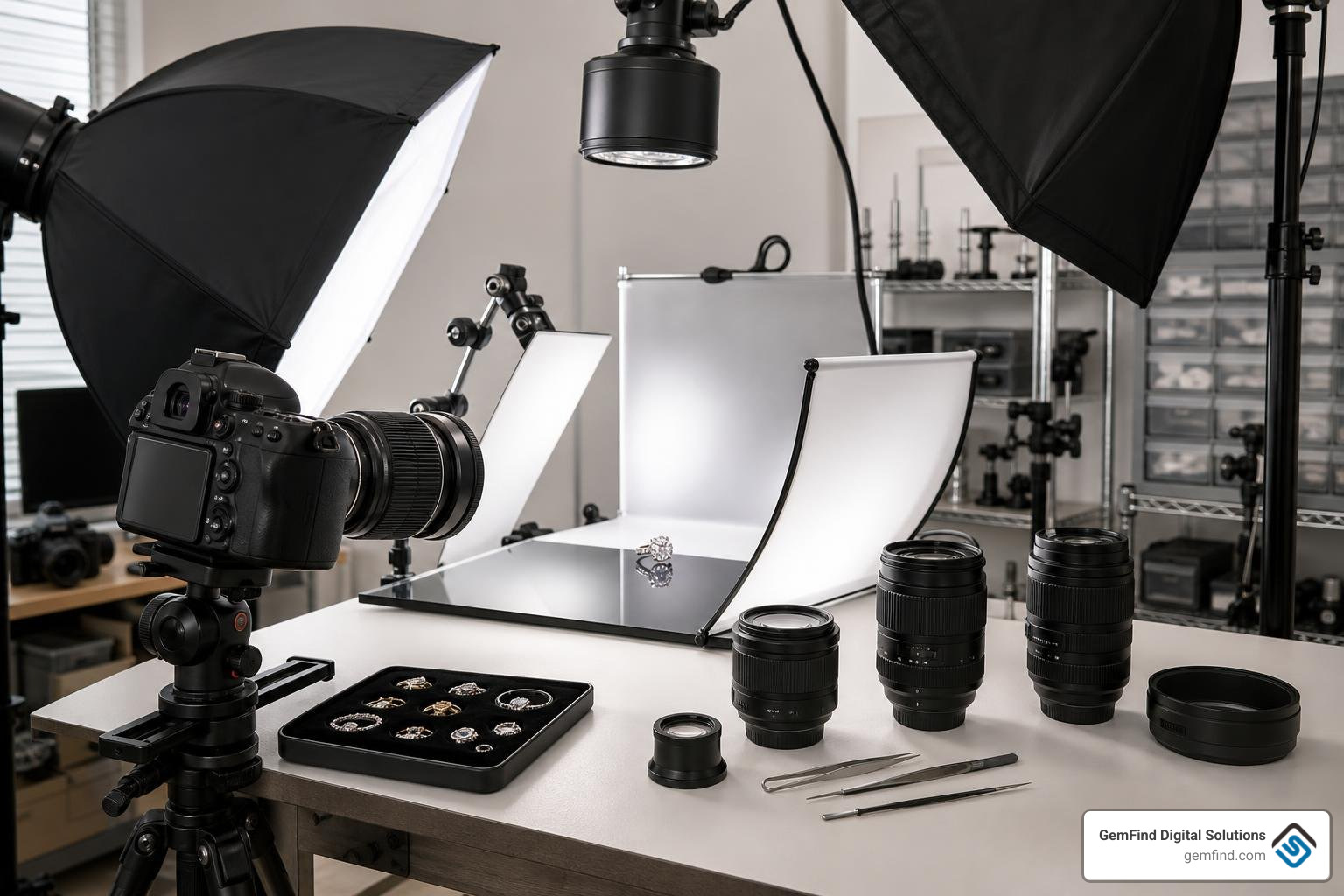 professional jewelry studio setup showing high-end cameras, macro lenses, and custom lighting diffusers