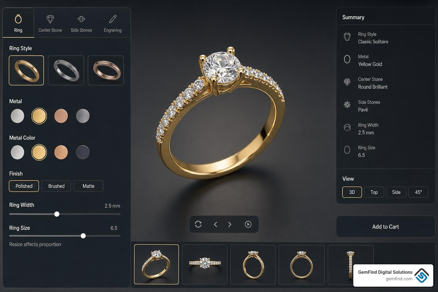 3D ring builder interface showing real-time customization options