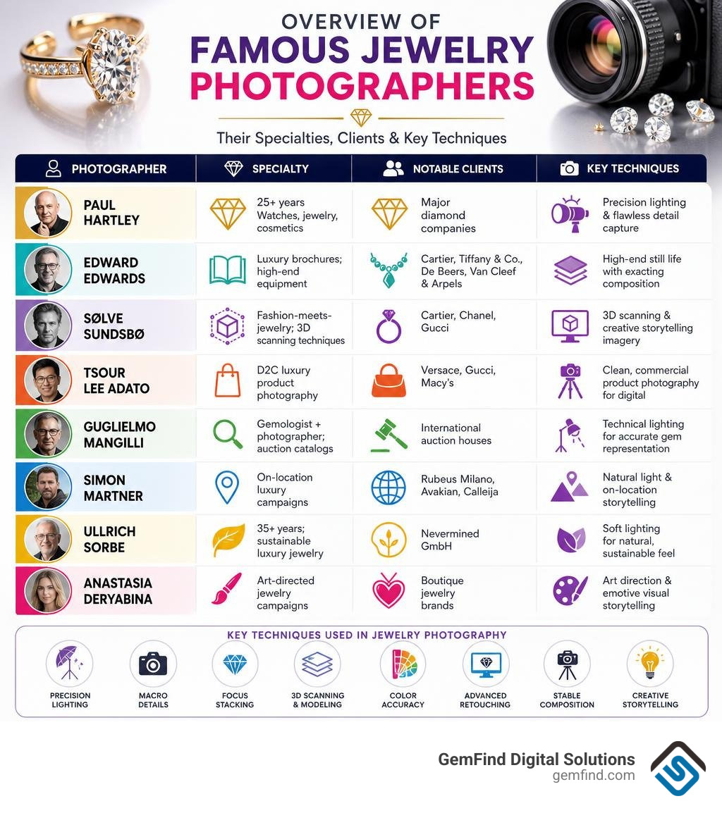 overview of famous jewelry photographers, their specialties, clients, and key techniques infographic