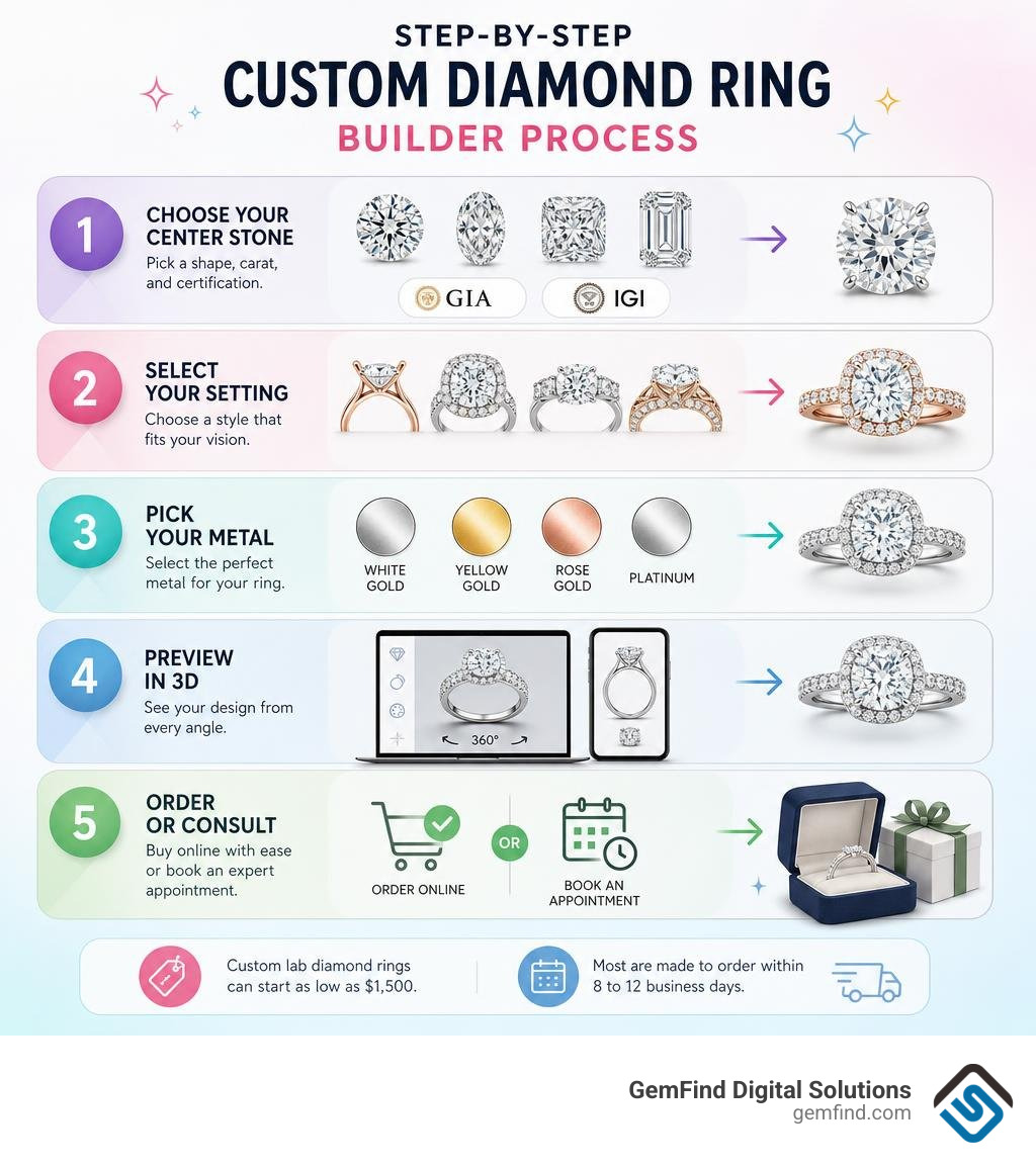 Step-by-step custom diamond ring builder process infographic infographic
