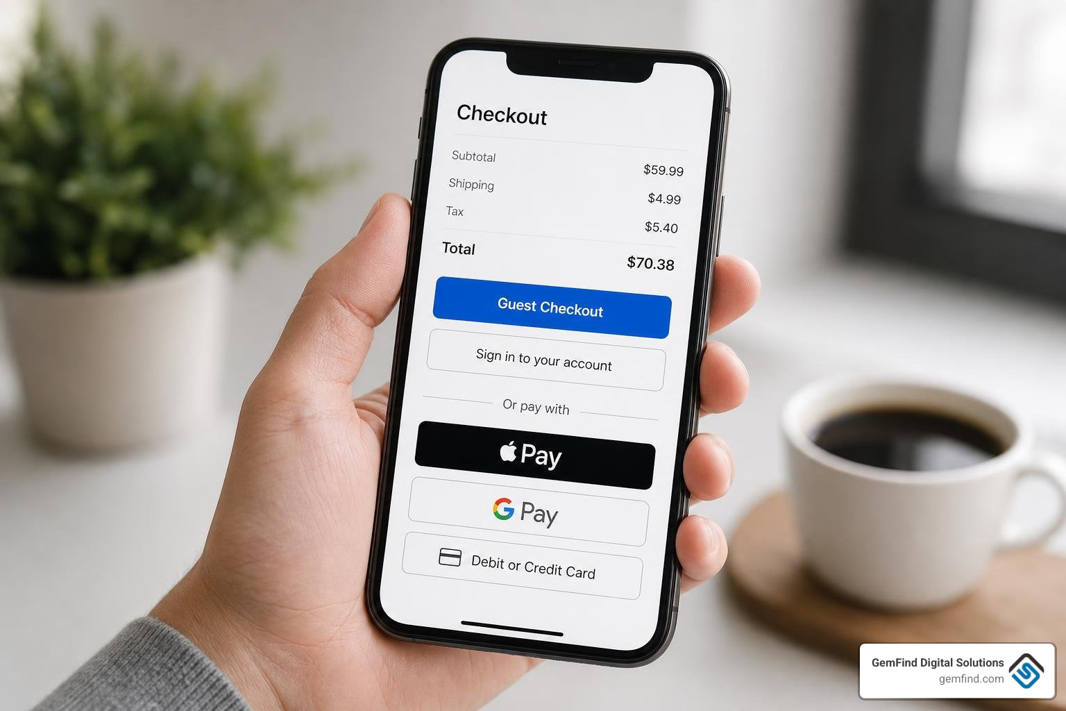 Optimized mobile checkout screen with guest checkout and digital wallet options