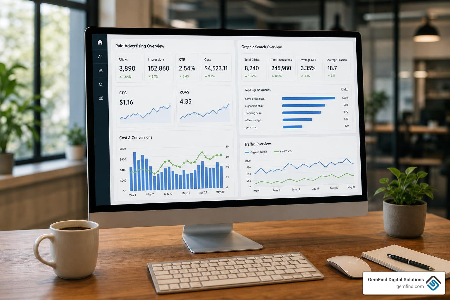 Digital ad dashboard showing paid performance metrics next to organic search engine results