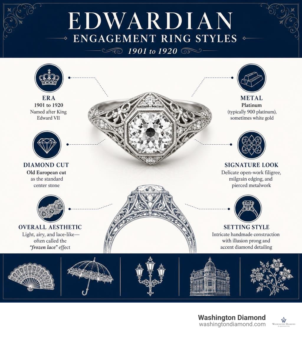 Infographic showing key characteristics of Edwardian engagement ring styles 1901 to 1920 infographic Infographic showing key characteristics of Edwardian engagement ring styles 1901 to 1920 infographic