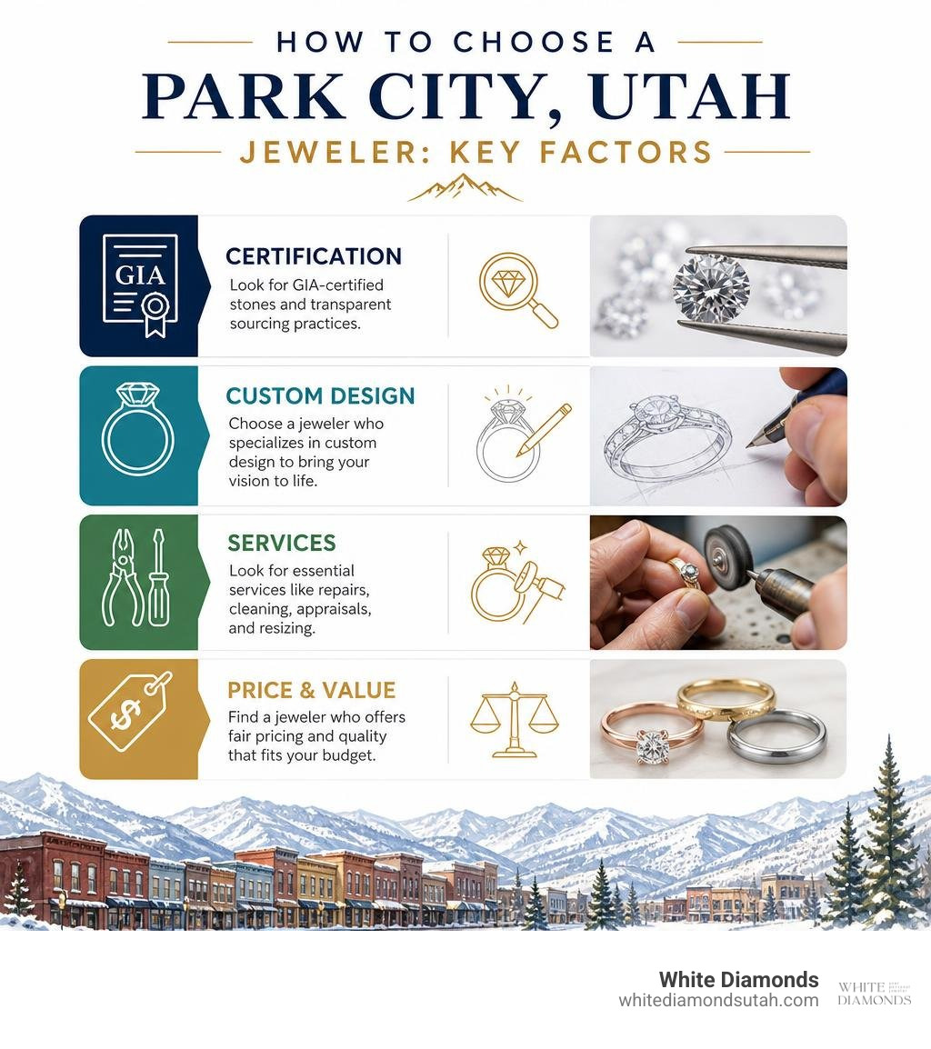 How to choose a Park City Utah jeweler: key factors including certification, custom design, services, and price infographic How to choose a Park City Utah jeweler: key factors including certification, custom design, services, and price infographic