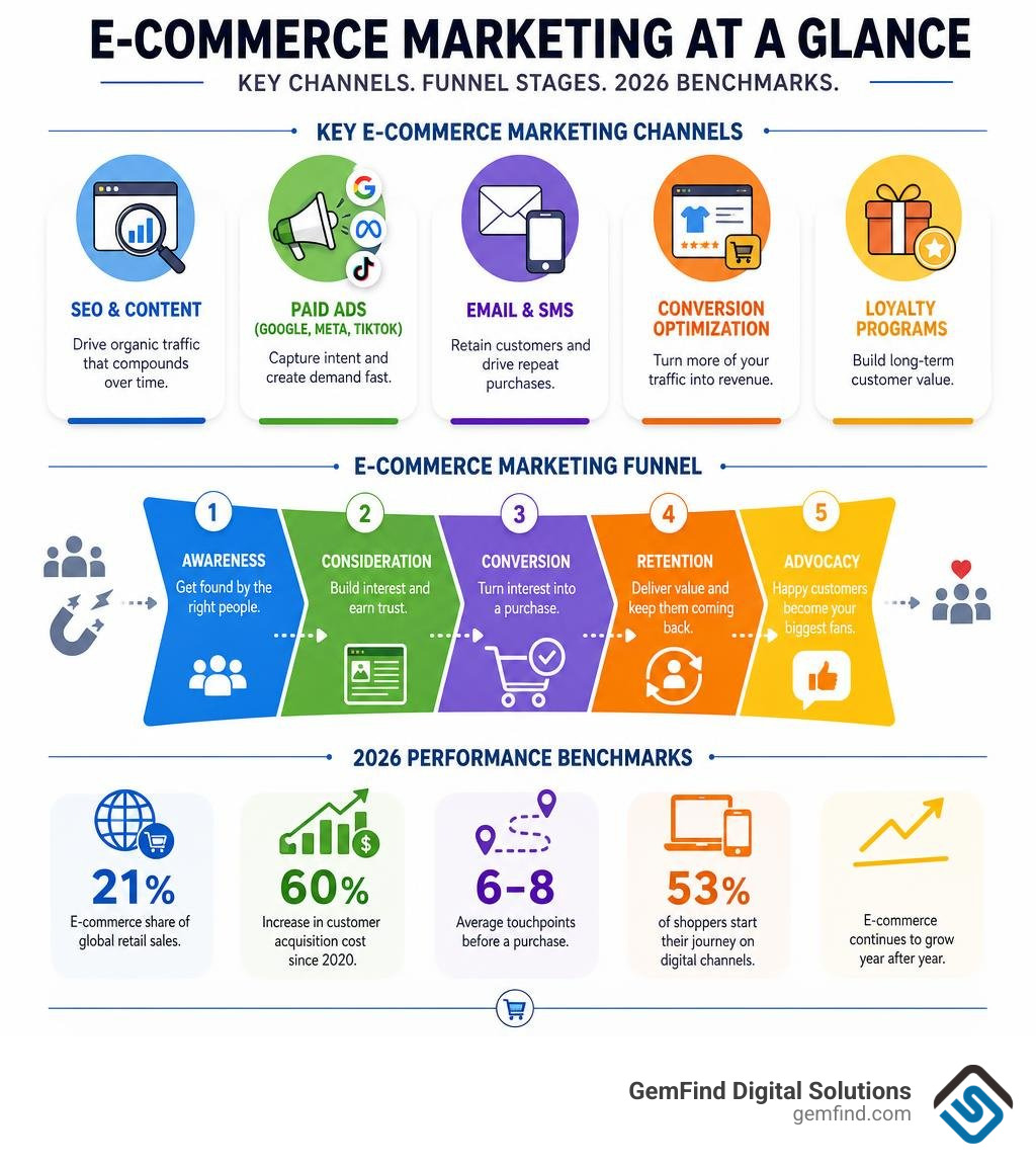 Key e-commerce marketing channels, funnel stages, and 2026 performance benchmarks infographic infographic
