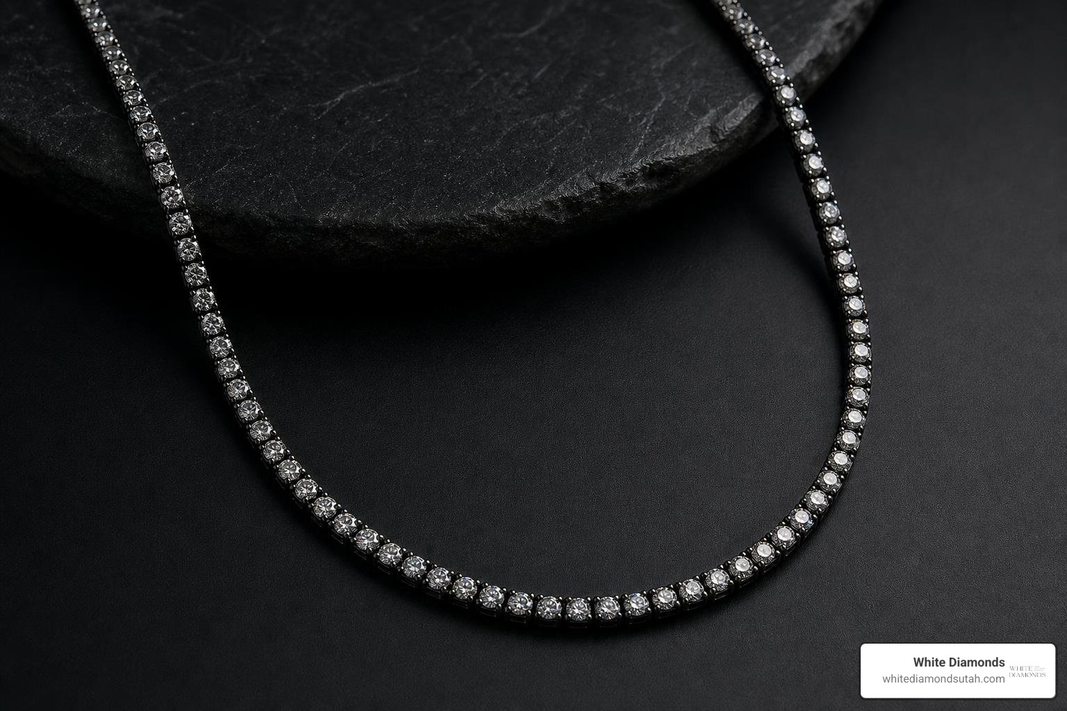Close-up of black rhodium plating on a 2mm tennis chain showing dark reflective luster Close-up of black rhodium plating on a 2mm tennis chain showing dark reflective luster