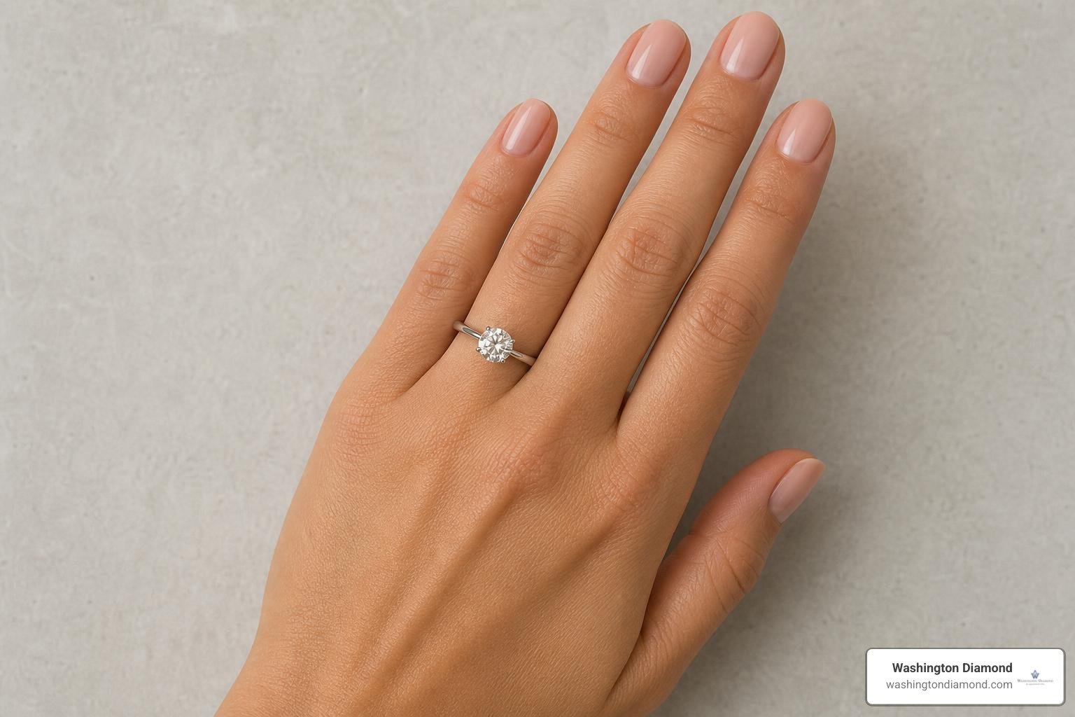 Visual representation of a 1 carat round diamond on a size 6 finger Visual representation of a 1 carat round diamond on a size 6 finger