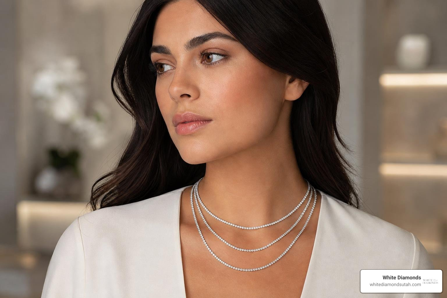 Model wearing stacked 2mm tennis necklaces of varying lengths Model wearing stacked 2mm tennis necklaces of varying lengths