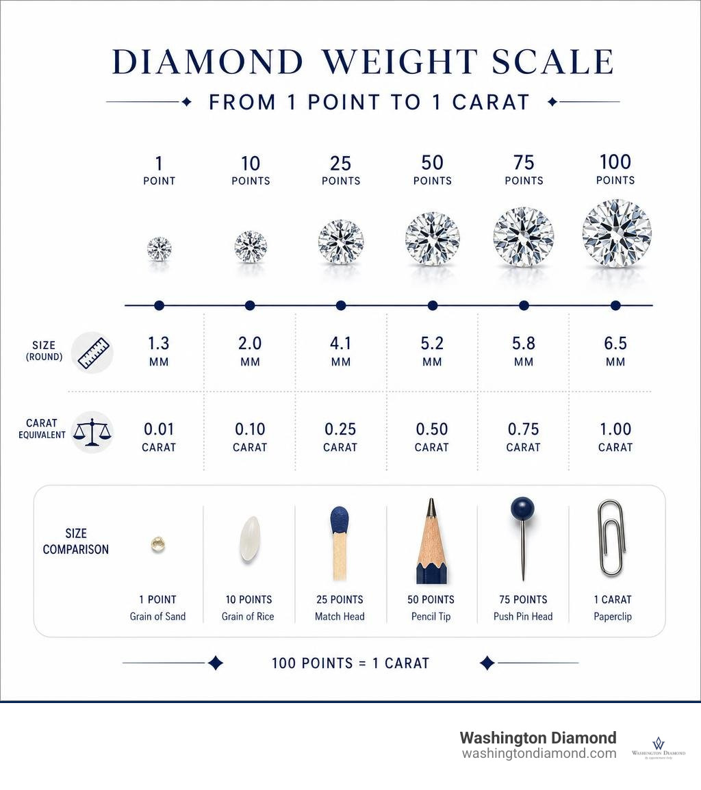 Diamond weight scale from 1 point to 1 carat with mm sizes and carat equivalents infographic Diamond weight scale from 1 point to 1 carat with mm sizes and carat equivalents infographic