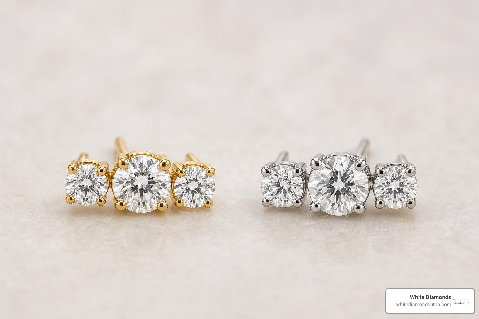 Three-stone diamond earrings in yellow gold and platinum settings