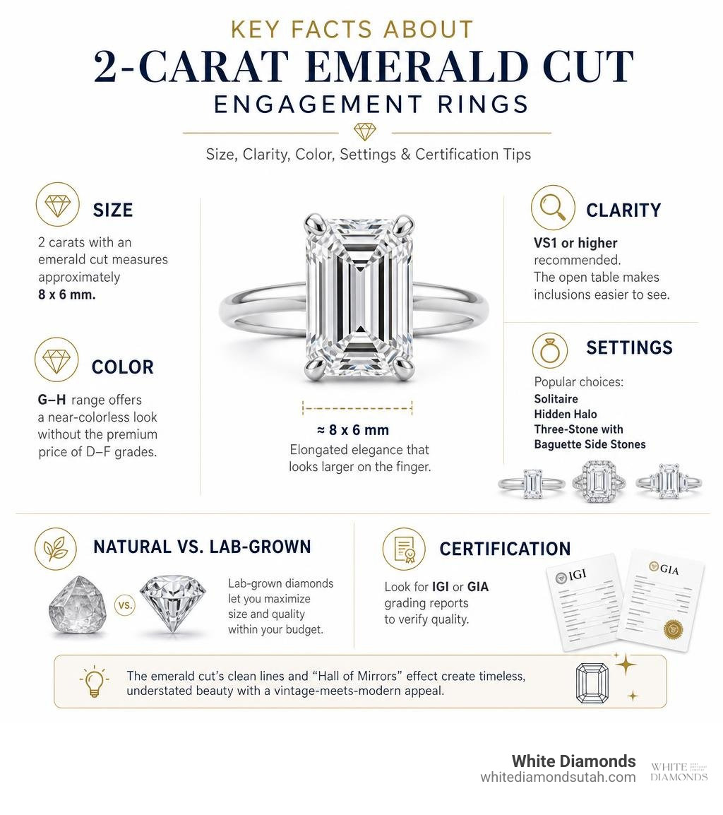 Infographic: key facts about 2-carat emerald cut engagement rings — size, clarity, color, settings, and certification tips Infographic: key facts about 2-carat emerald cut engagement rings — size, clarity, color, settings, and certification tips