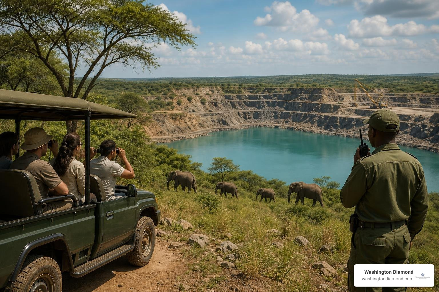 A protected wildlife reserve adjacent to a natural diamond mine