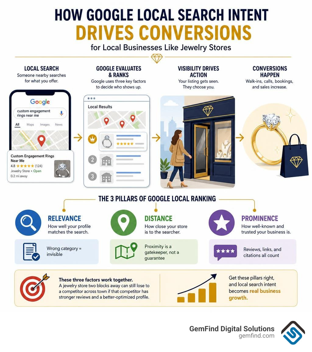 How Google local search intent drives conversions for local businesses like jewelry stores infographic How Google local search intent drives conversions for local businesses like jewelry stores infographic