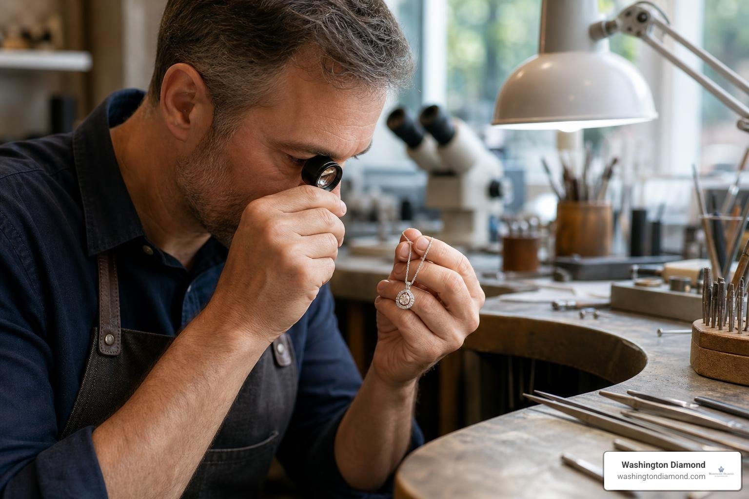 Jeweler inspecting a diamond with a loupe Jeweler inspecting a diamond with a loupe