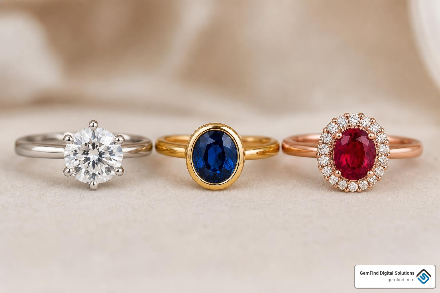 Various custom ring settings including bezel, halo, and prong styles in gold and platinum