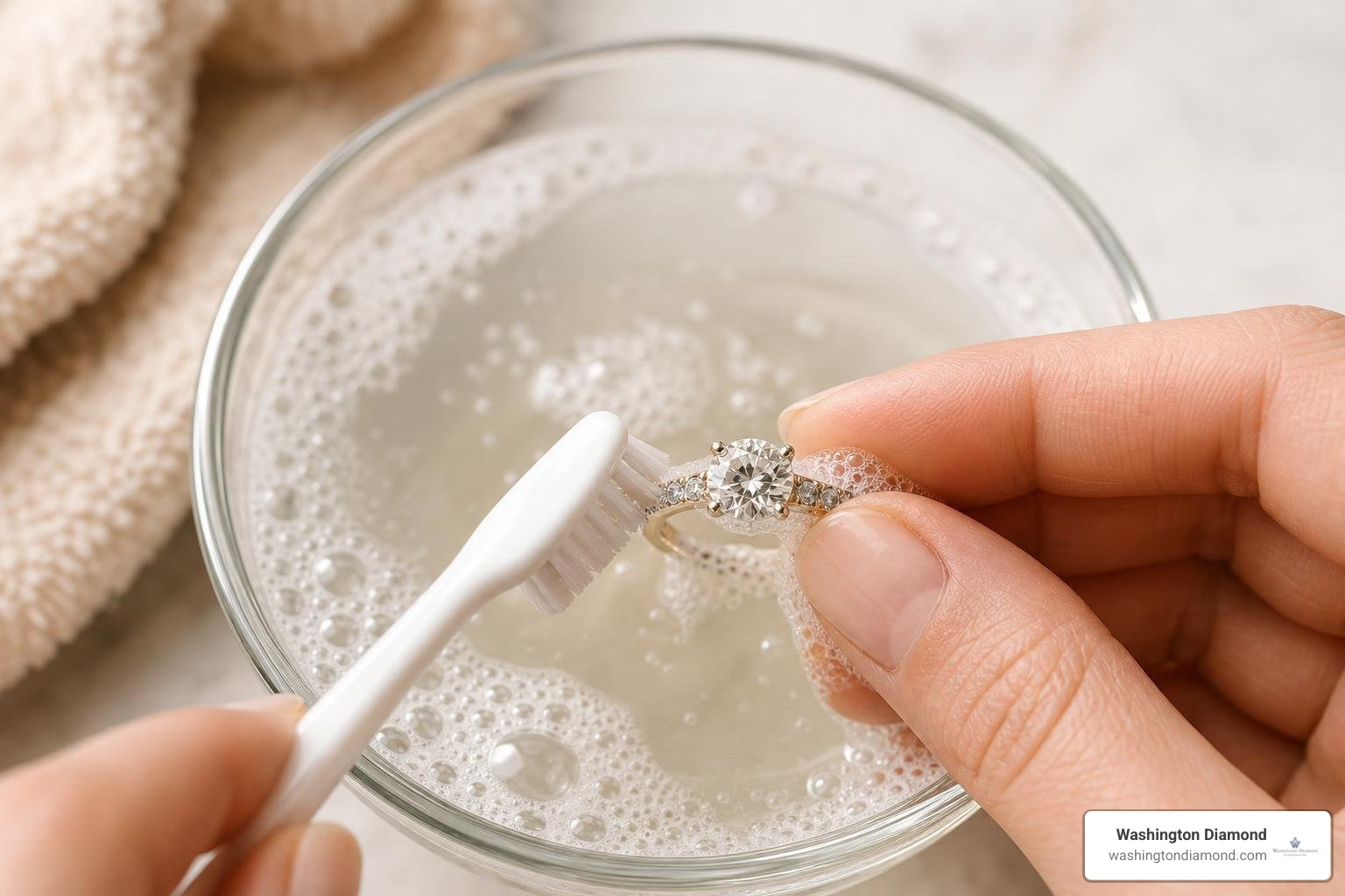 sparkling diamond ring being cleaned with mild soap and water sparkling diamond ring being cleaned with mild soap and water
