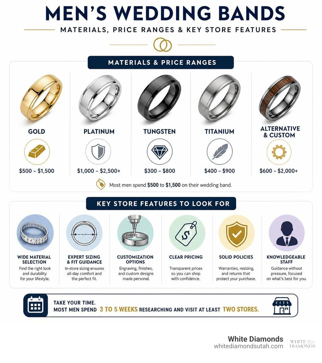 Infographic: men's wedding band materials, price ranges, and key store features to look for infographic