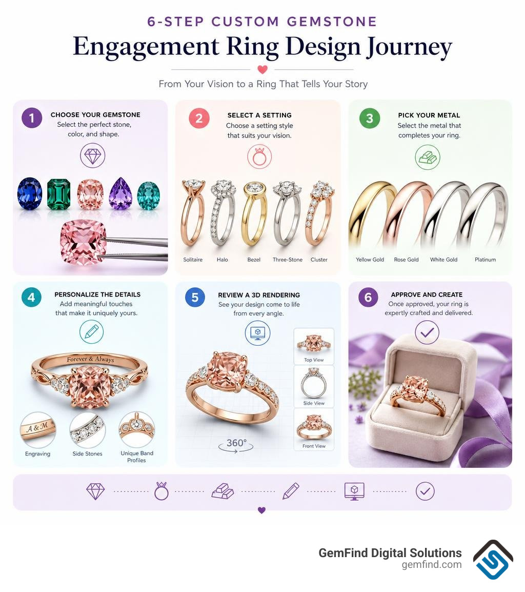 Infographic showing the 6-step custom gemstone engagement ring design journey from stone selection to delivery infographic