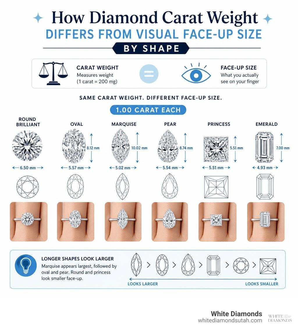 How diamond carat weight differs from visual face-up size by shape infographic