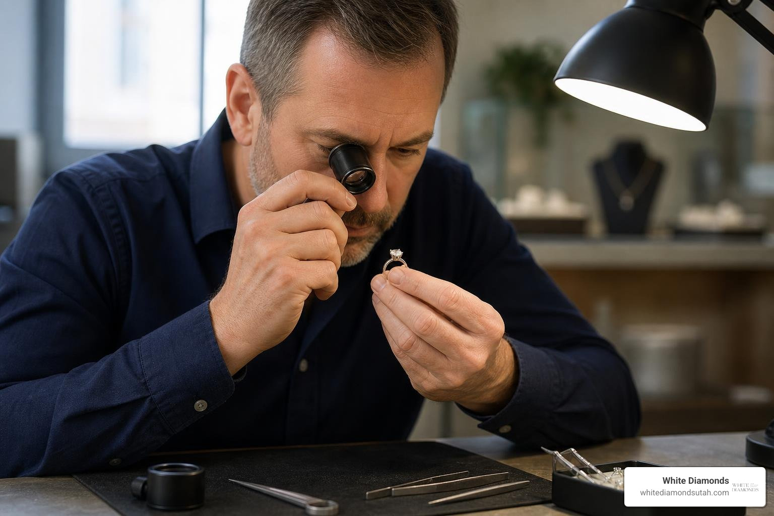 A jeweler inspecting a ring with a loupe