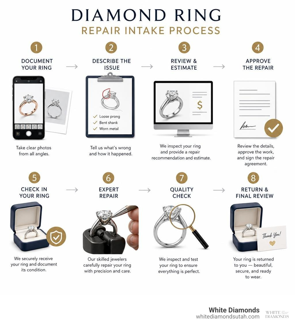 Infographic showing the diamond ring repair intake process step by step infographic