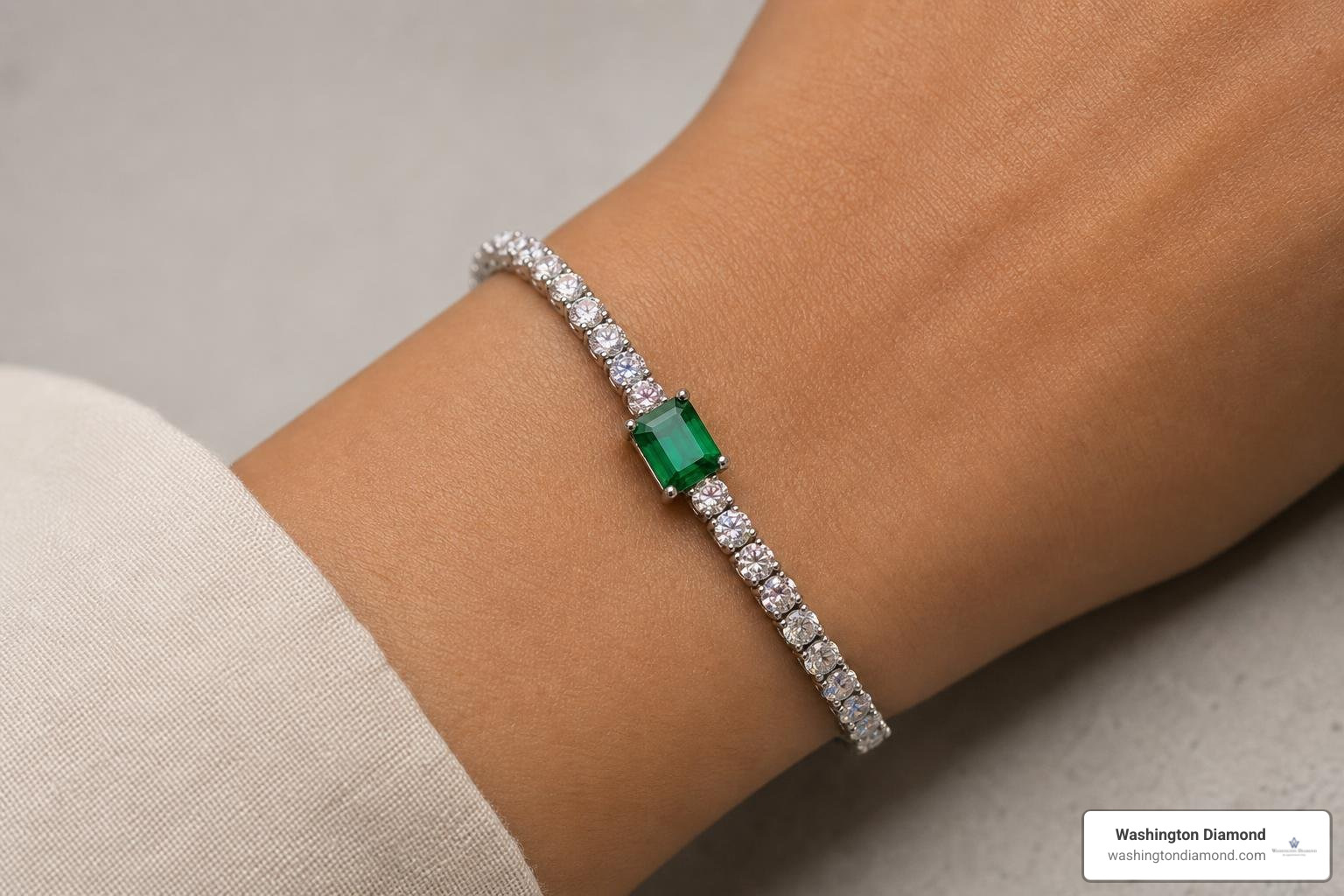 Emerald Accent Tennis Bracelet showing the central emerald-cut stone and round cubic zirconia Emerald Accent Tennis Bracelet showing the central emerald-cut stone and round cubic zirconia