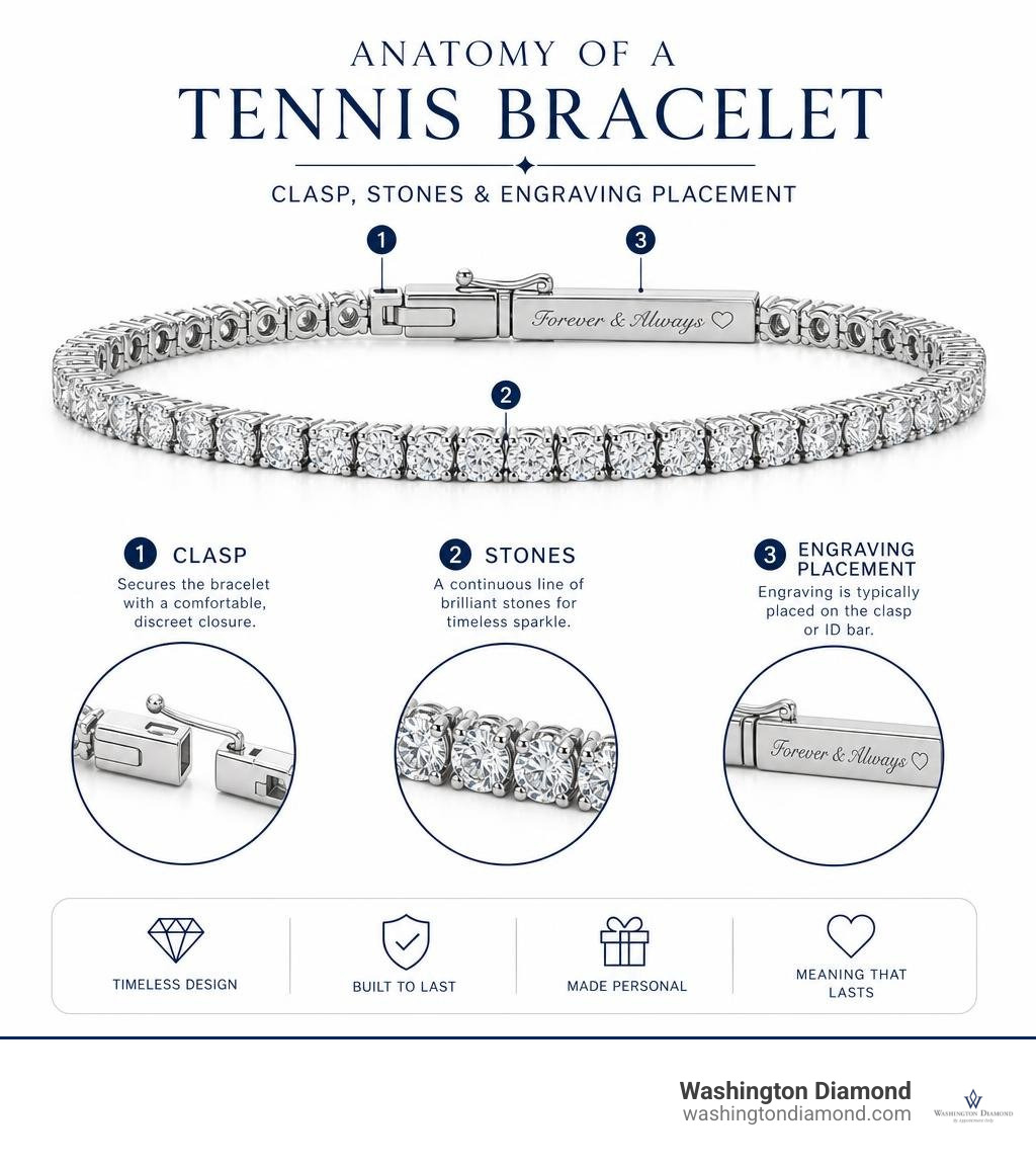 Anatomy of a tennis bracelet showing clasp, stones, and engraving placement infographic Anatomy of a tennis bracelet showing clasp, stones, and engraving placement infographic