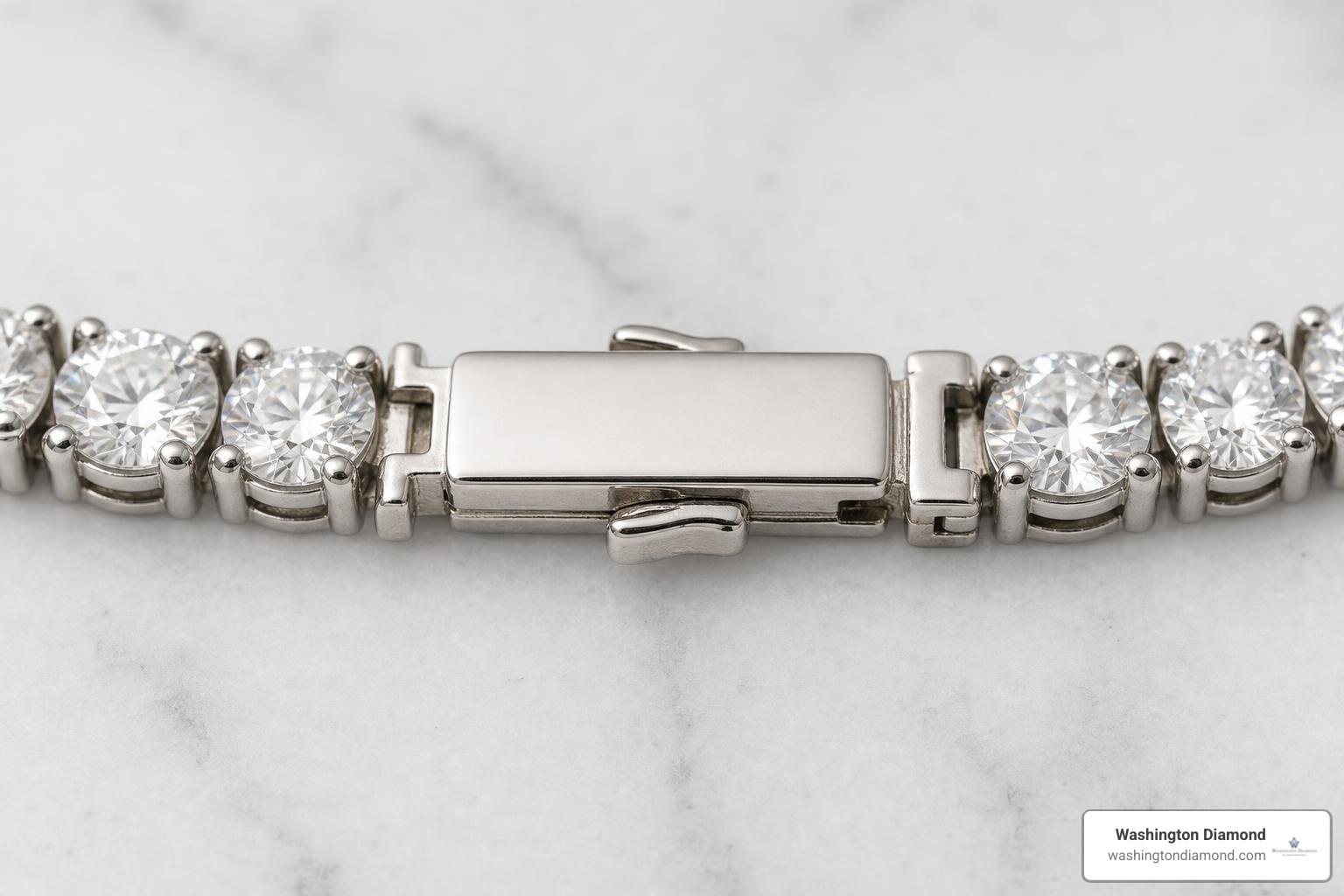 Close-up of the engravable click-in clasp on a tennis bracelet Close-up of the engravable click-in clasp on a tennis bracelet