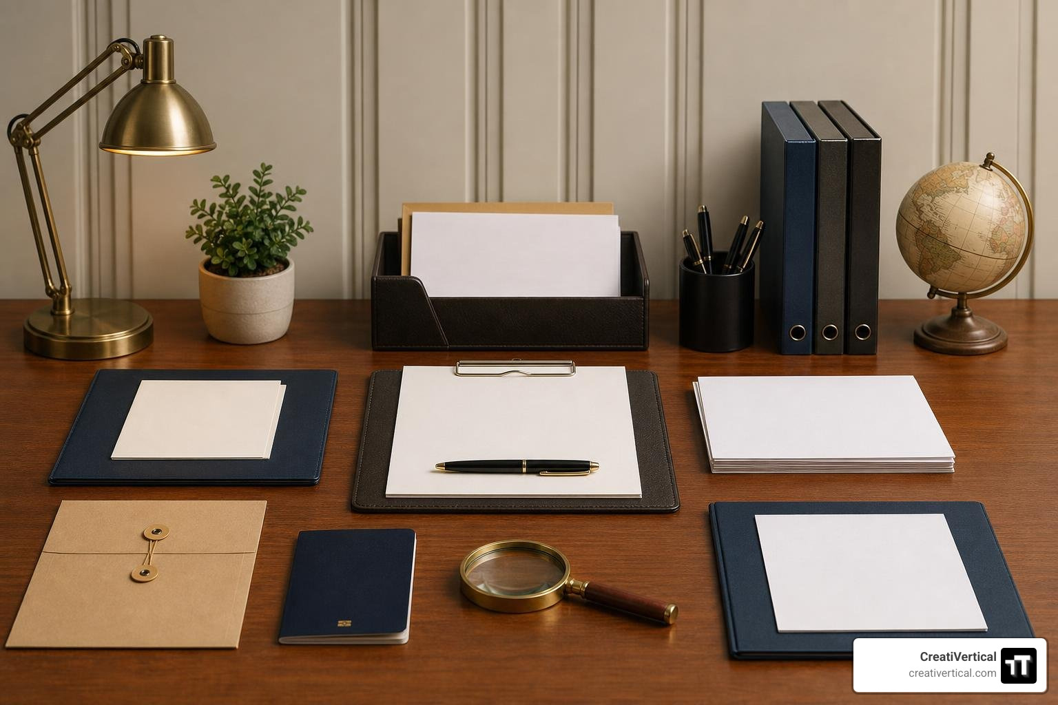 Symmetrical, dead-center workspace with neatly arranged corporate documents, passport, and magnifying glass