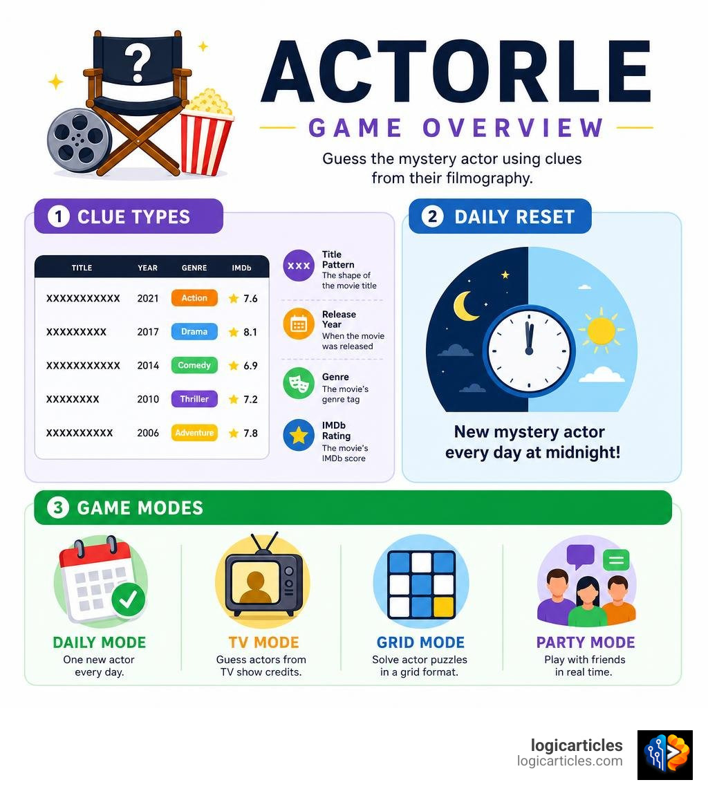 Actorle game overview infographic showing clue types, daily reset, and game modes infographic