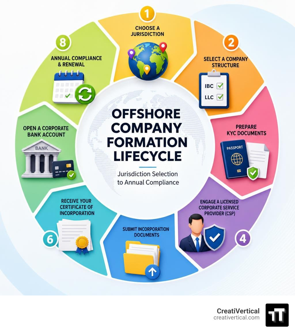 Offshore company formation lifecycle infographic: jurisdiction selection to annual compliance infographic