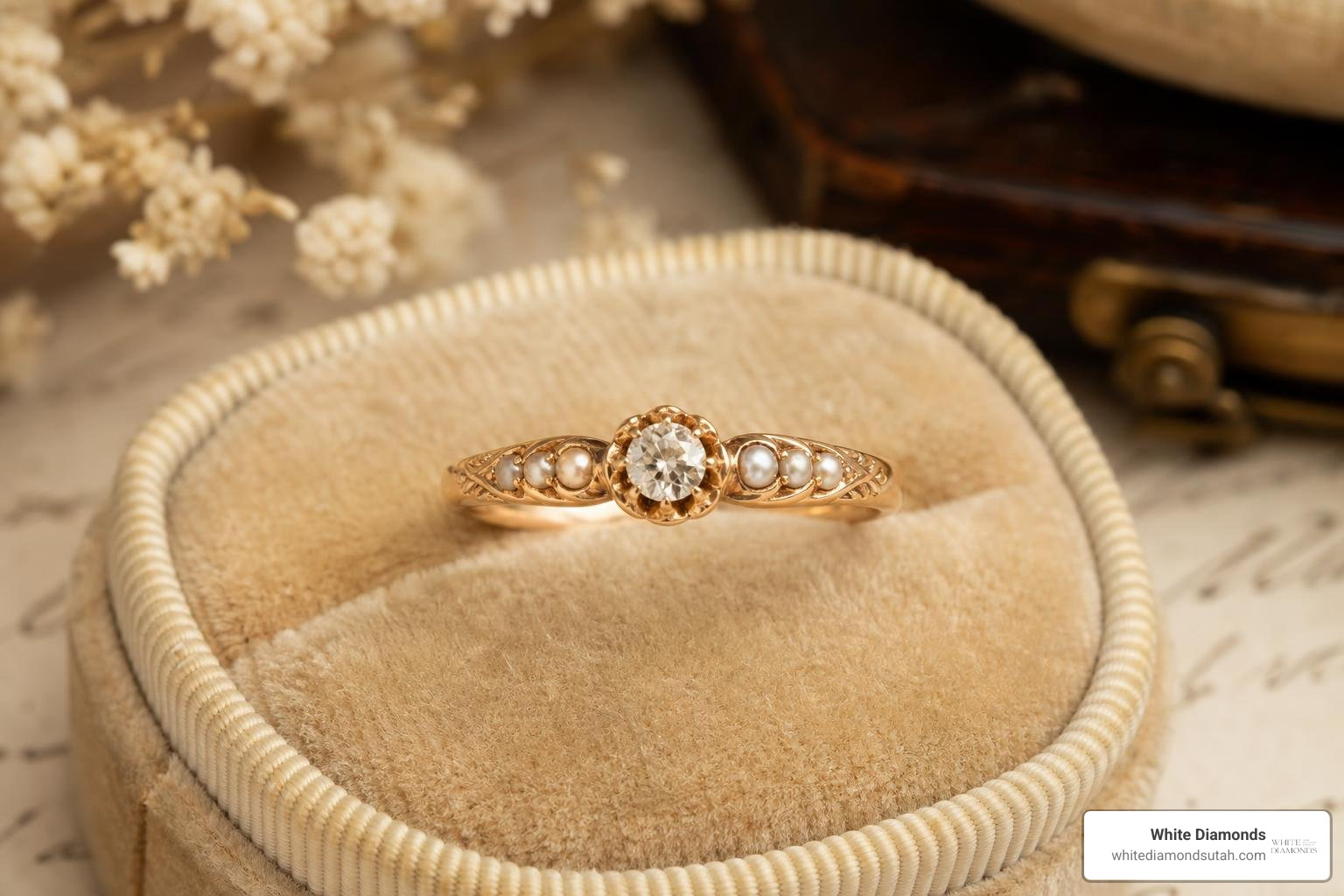 Antique 0.47ct Old European diamond ring in 10k rosy yellow gold with seed pearls Antique 0.47ct Old European diamond ring in 10k rosy yellow gold with seed pearls
