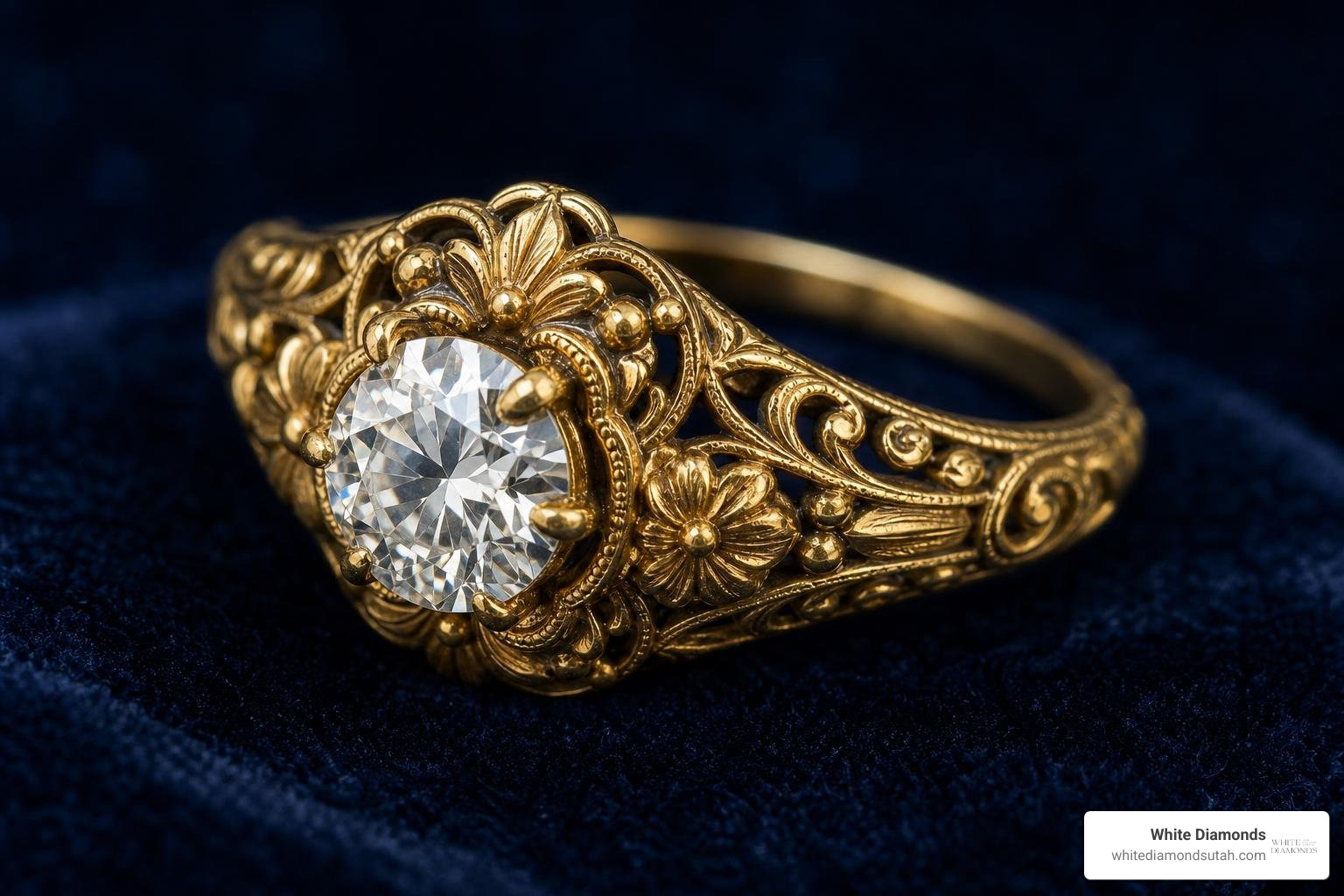 Victorian ring design details showing floral motifs and hand-carved gold work Victorian ring design details showing floral motifs and hand-carved gold work