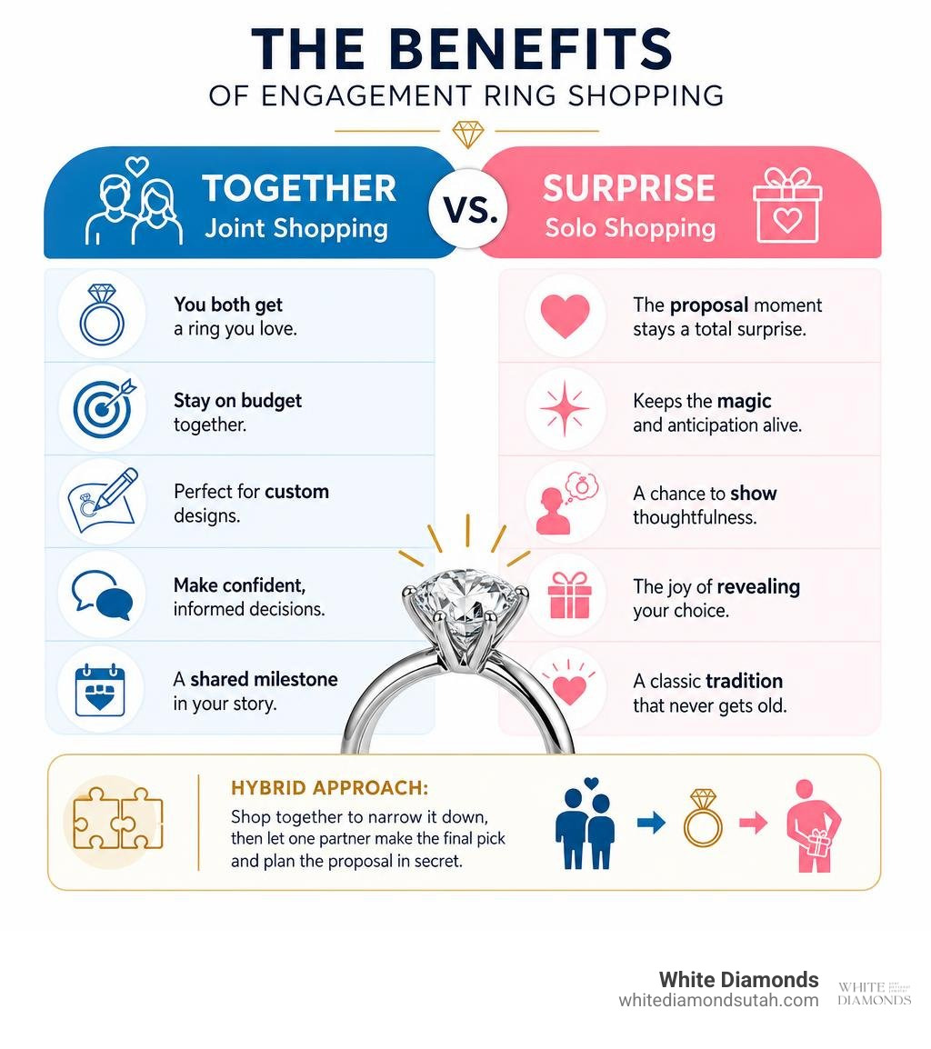 Benefits of joint engagement ring shopping vs. surprise shopping infographic infographic