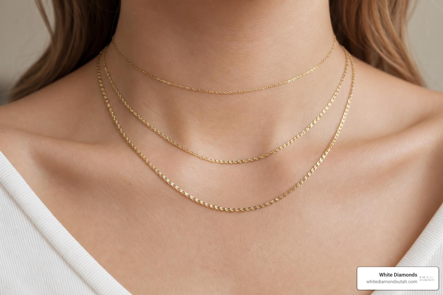 Length guide for women showing how 14-inch, 16-inch, and 18-inch gold chains sit on the neckline Length guide for women showing how 14-inch, 16-inch, and 18-inch gold chains sit on the neckline