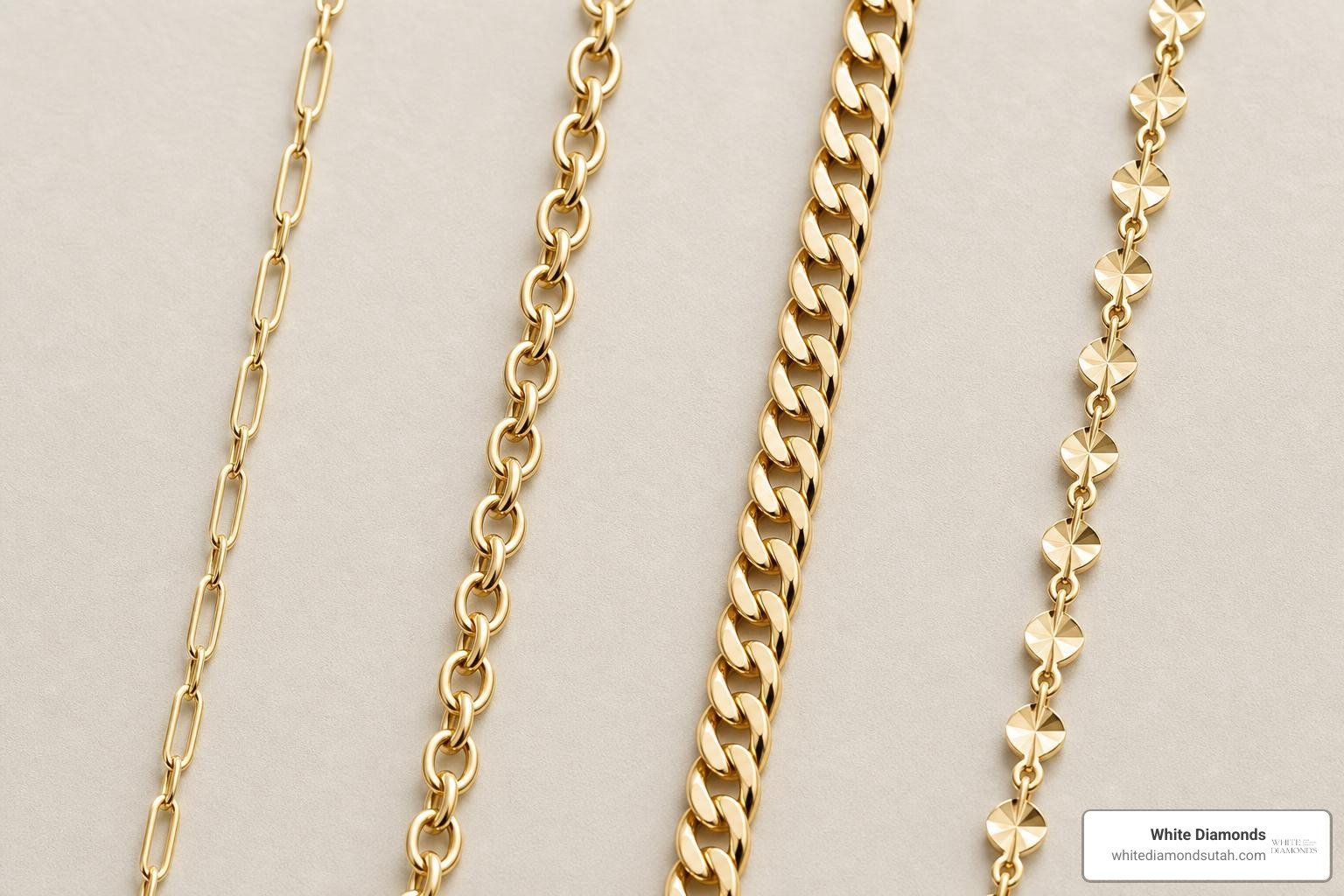 Close-up of popular 14k gold chain styles for women showing delicate link, basic, curb, and petal designs Close-up of popular 14k gold chain styles for women showing delicate link, basic, curb, and petal designs