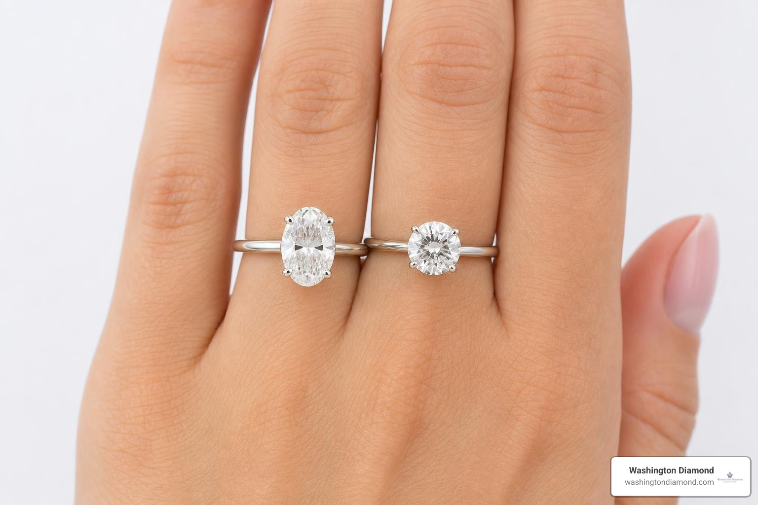 Comparison of oval cut and round brilliant diamond rings