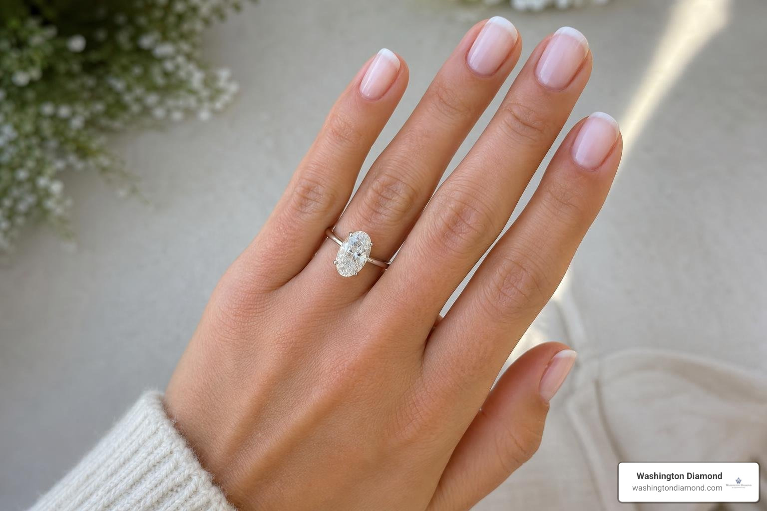 2 carat oval natural diamond ring on finger