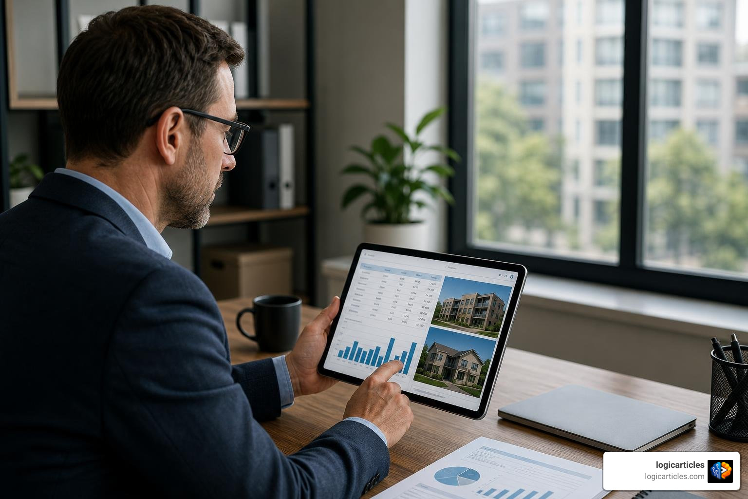 property manager using tablet to track portfolios