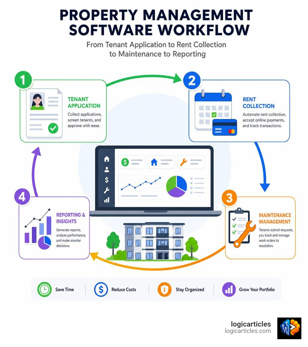 property management software workflow: from tenant application to rent collection to maintenance to reporting infographic