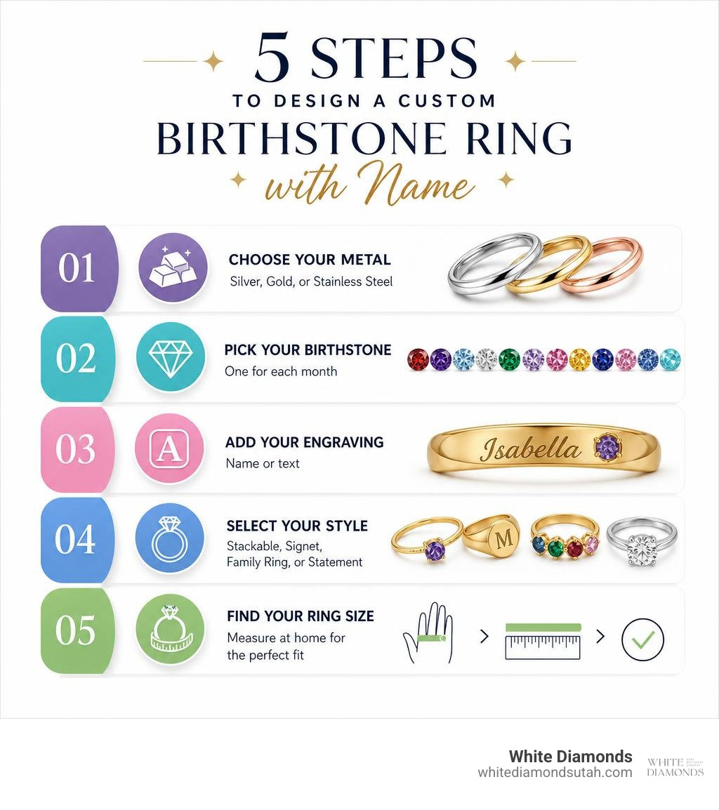 Infographic: 5 steps to design a custom birthstone ring with name, metal, stone, engraving, style, size infographic Infographic: 5 steps to design a custom birthstone ring with name, metal, stone, engraving, style, size infographic